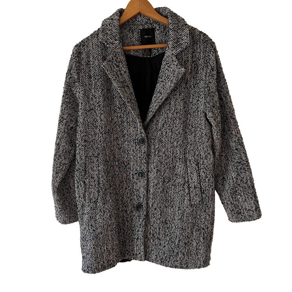 Forever 21 Womens Black White Tweed Notch Lapel Three Button Mid Length Coat M